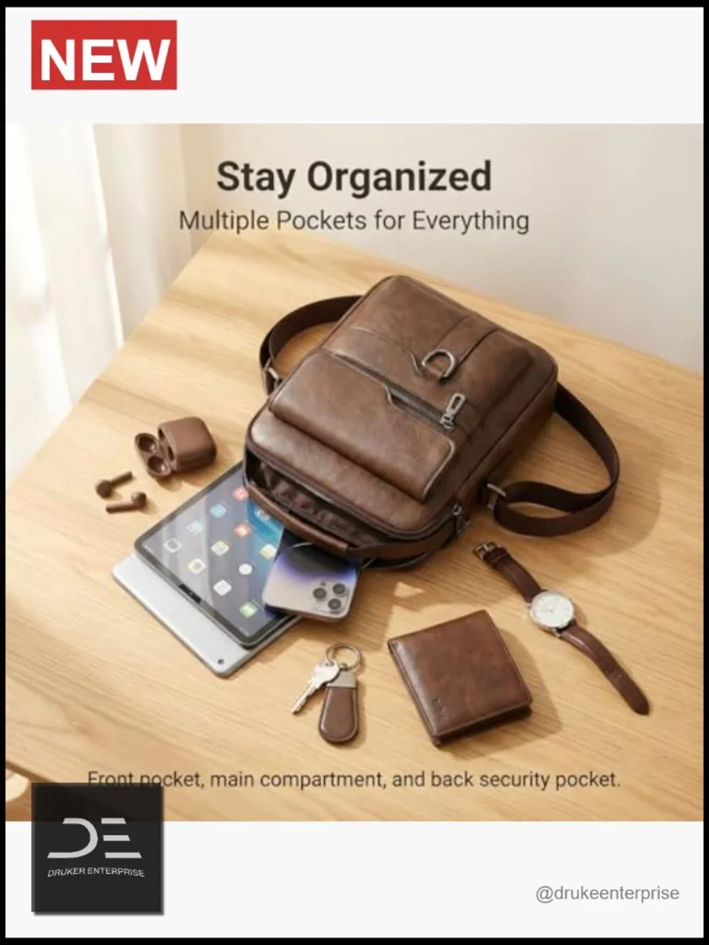 Genuine Leather Crossbody Messenger Bag with Adjustable Strap